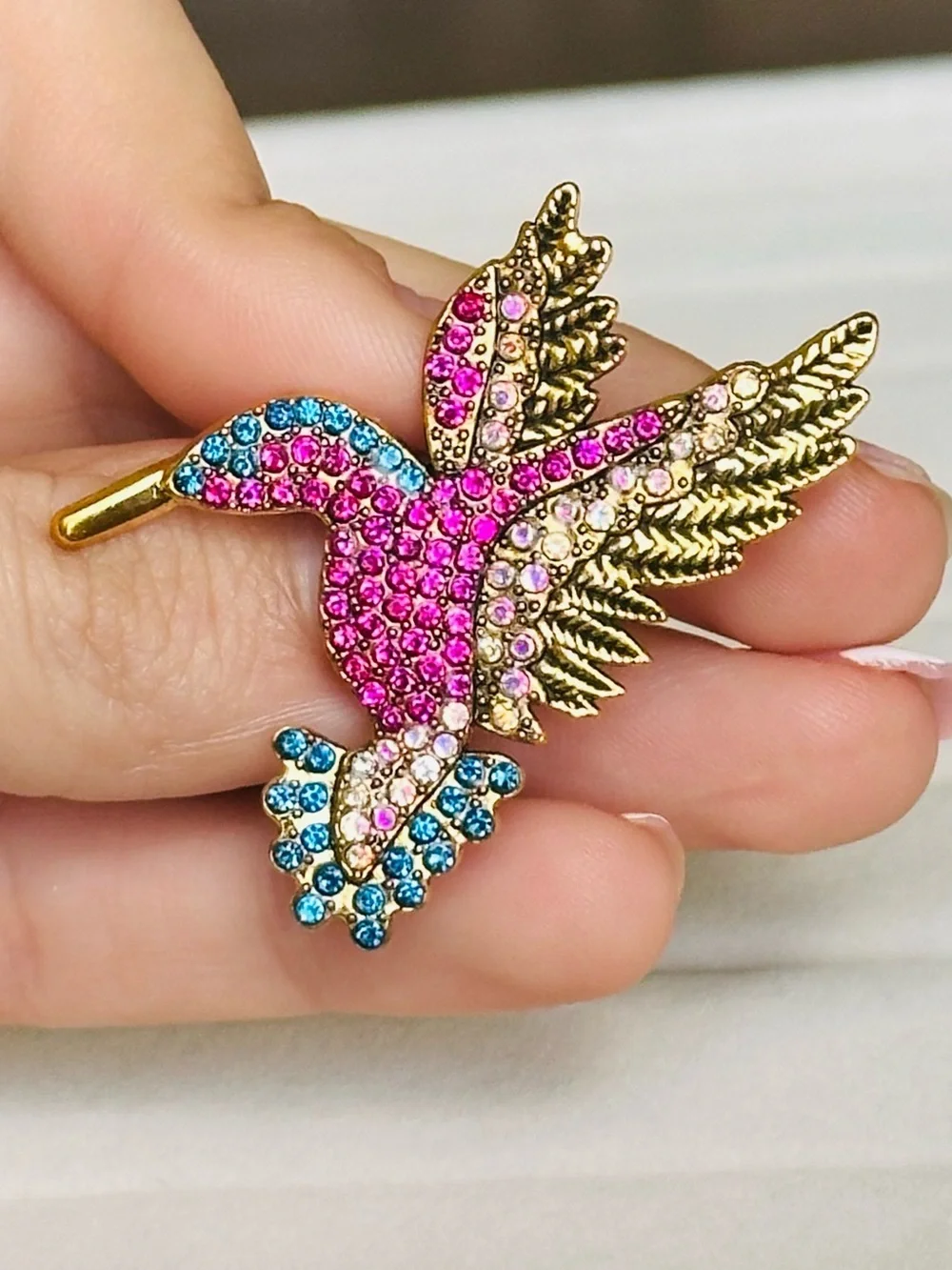 NEW! Gold Hummingbird Brooch with Pink, Blue, and Clear Stones